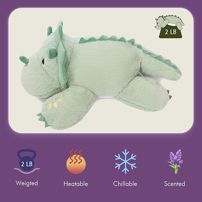 KOWSI® Microwavable 2 LB Weighted Stuffed Triceratops Animals Plush - 16 Inch Heated Dinosaur Plushie for Warmth & Comfort - Light Green Dino Squished Pillow - Cute Soft Toy for Adults & Children