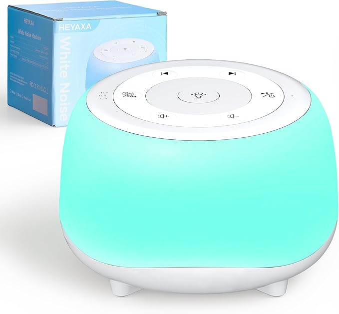 HEYAXA White Noise Sound Machine with 7 Colors Night Light 34 Soothing Sounds, Portable Sound Machine for Baby Adults Kids Sleep with 30 Volume Levels 4 Timers Adjustable Brightness (White)