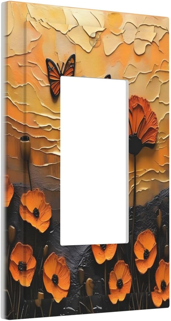 Oil Painting Flower Sunset Butterfly Vintage Rustic Floral Decorative Outlet Covers 1 Gang Single Rocker Light Switch Cover Plate Wall Plates GFCI Faceplate for Bedroom Living Room Decor