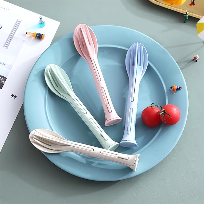 3PCS Wheat Straw Cutlery, Reusable Utensils Set Portable Travel 3 in 1 Spoon Fork Knife Tableware, Eco-Friendly, BPA Free, Flatware for Kids Adults, Travel Picnic Camping (Blue)
