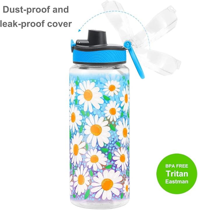 Home Tune Cute Water Bottle for School Kids Girls, BPA FREE Tritan & Leak Proof & Easy Clean & Carry Handle, 23oz/ 680ml - Daisy