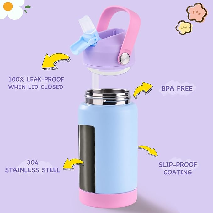 Kerilyn 12oz Kids Water Bottle 2 Pack, Stainless Steel Insulated Water Bottle Bulk, Toddler Cups with Straws Leak-Proof, Kids Water Bottles for School Boys Girls, Cerulean + Charm Pink 2 Piece Set