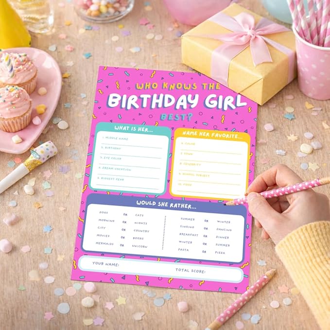 Markt Who Knows The Birthday Girl Best, Birthday Party Games for Kids Party Games, Game Supplies and Activities for Teens, Boys or Girls (Pink)