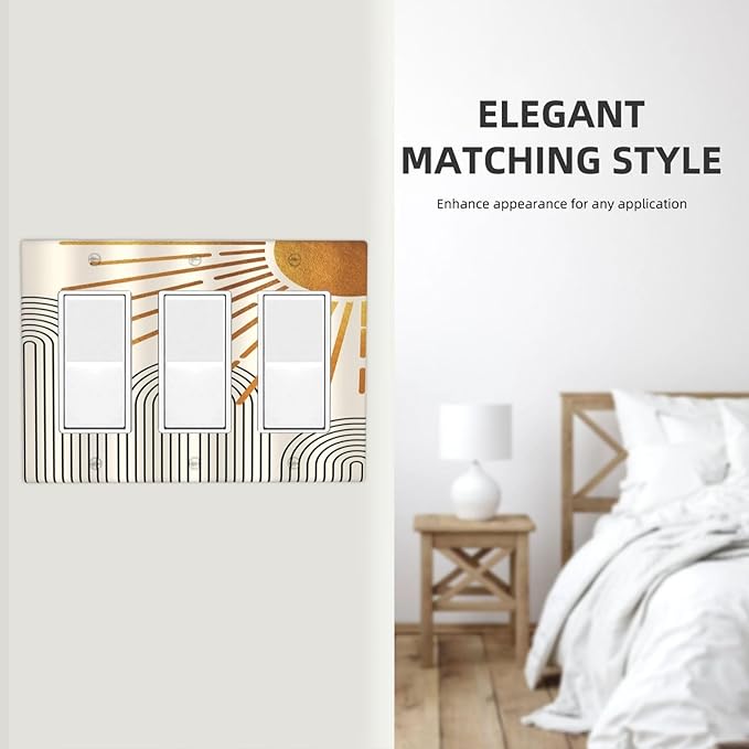 Mid Century Beige Boho Abstract Sun Vintage Arch 3 Gang Rocker Light Switch Covers Decorative Triple Outlet Wall Plate Cover Faceplate Decorative Switchplate GFCI for Country Bathroom Bedroom Decor