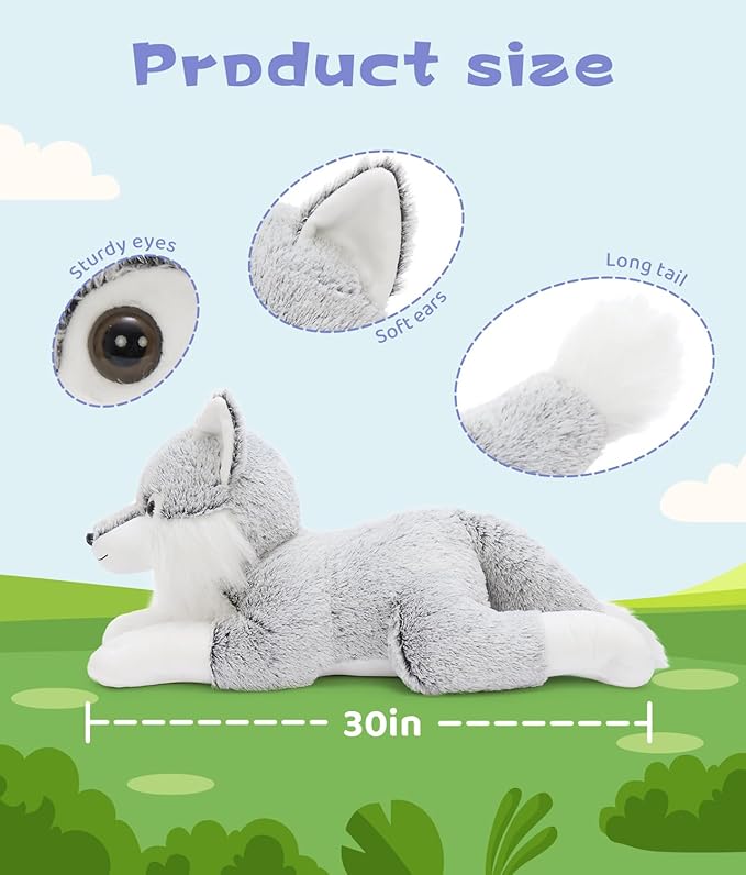 BENINY Large Winter Wolf Stuffed Animal Plush Toy 30", Super Soft Giant Fluffy Plushie Throw Pillow Gift for Birthdays & Christmas