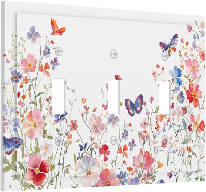 Colorful Flower Watercolor Floral Butterfly Bird Decorative Switch Plates 3 Gang Wall Plate Triple Toggle Light Switch Cover Faceplate Electrical Wall Panels for Bedroom Living Room Decor