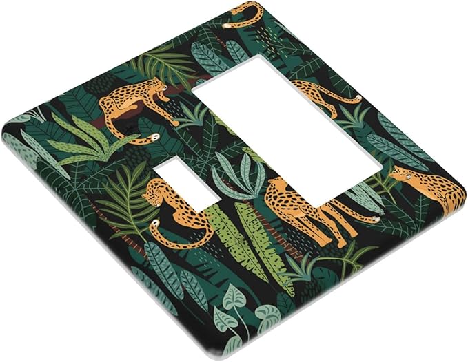 Jungle Cheetah Tropical Wildlife Leopard Green Palm Leaf Outlet Covers 1 Toggle 1 Rocker Combination Decorative Wall Plate Electrical Switch Plates Light Switch Cover Plate for Farmhouse Home Decor