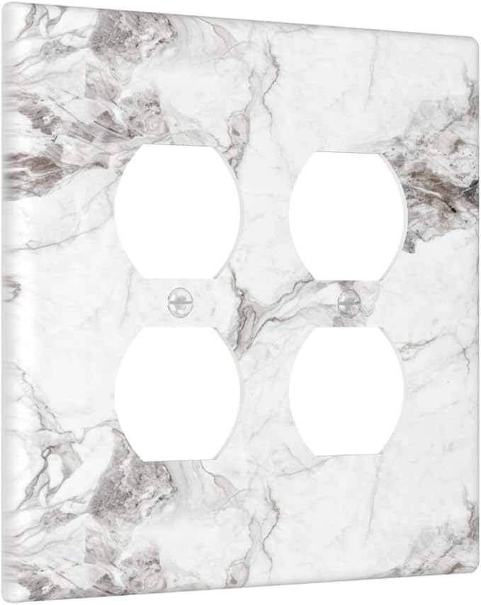 White And Gray Marble Patterns Texture Abstract Print Outlet Covers 2 Gang Double Duplex Decorative Light Switch Covers Electrical Wallplates Socket Faceplate for Bathroom Kitchen Decor