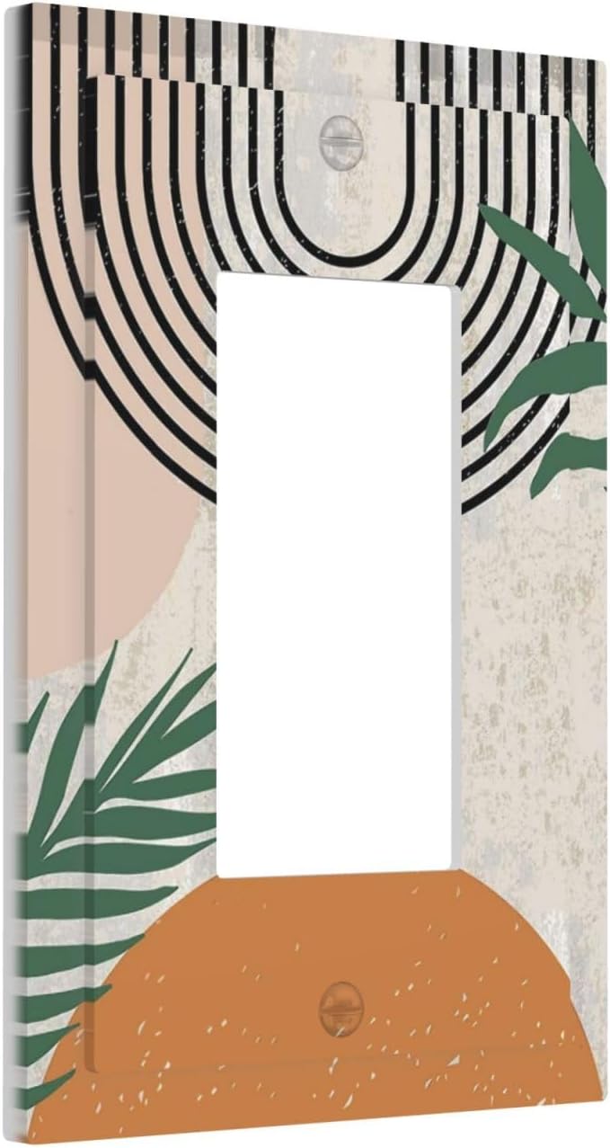 1 Gang Single GFCI/Decorator Rocker Outlet Light Switch Wall Plate Cover Abstract Mid Century Modern Leaf Geometric Boho Arch Sun Plant Aesthetic Art Decorative One Device Electrical Faceplate Dimmer
