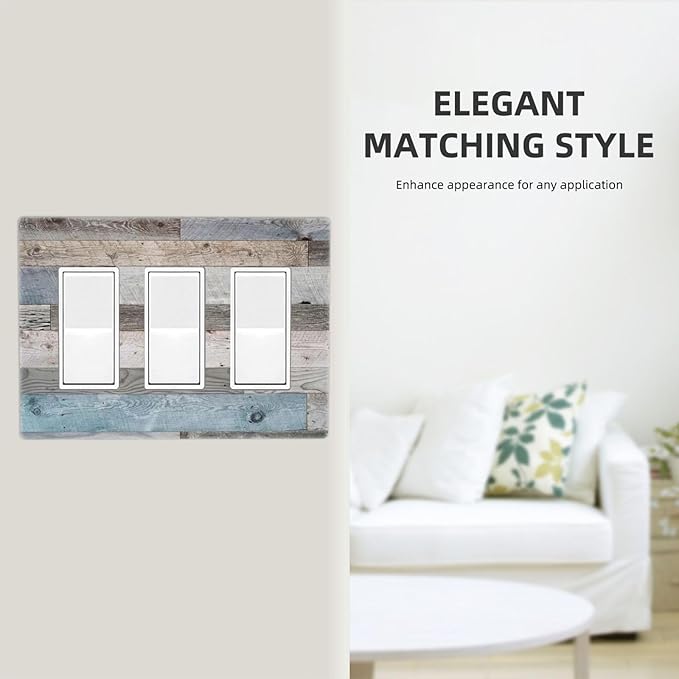Cabin Rustic Kitchen Country Style 3 Gang Triple Decorator/GFCI/Rocker Wallplate Screwless Decorative Farm Barn Door Wood Grain Three Device Jumbo Size Outlet Light Switch Receptacle Face Plate Cover