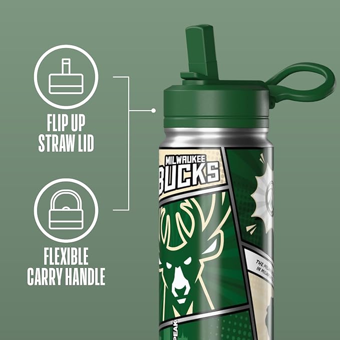 Hydrapeak x NBA Milwaukee Bucks 20 oz Stainless Steel Water Bottle, Officially Licensed Double Wall Insulated Sports Bottle with Straw Lid, Reusable Leakproof Gift for Kids & Adults