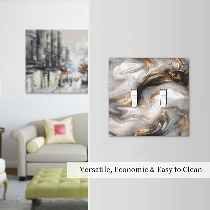 Decorative Switch Plates Grey Brown Swirl Marble Texture 2 Gang Double Toggle Outlet Light Switch Cover Wall Plate Electrical Faceplate For Bathroom Kitchen Decor