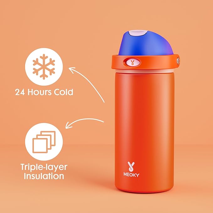 18 oz Insulated Water Bottle for Kids: Meoky Metal Water Bottle with 2-in-1 Straw and Spout Lid - Leak Proof, Cold for 24 Hours, BPA-Free for Boys School Sports, Blue Citrus