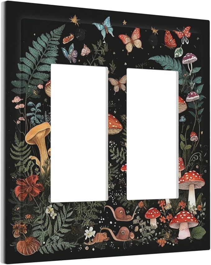Cartoon Floral Mushroom forest Butterfly Flowers Decorative Outlet Covers 2 Gang Double Gfci Rocker Electrical Wall Panels Light Switch Cover Plate for Bedroom Kids Room Decor