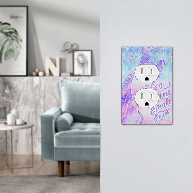Cute Kids Girl Purple Pink Blue Fish Mermaid Scales Tail Quotes Undersea Ocean 1 Gang Duplex Wall Plate Electrical Receptacle Outlet Cover Decorative Dual Device Mid Size Light Switch Plug Face Plate