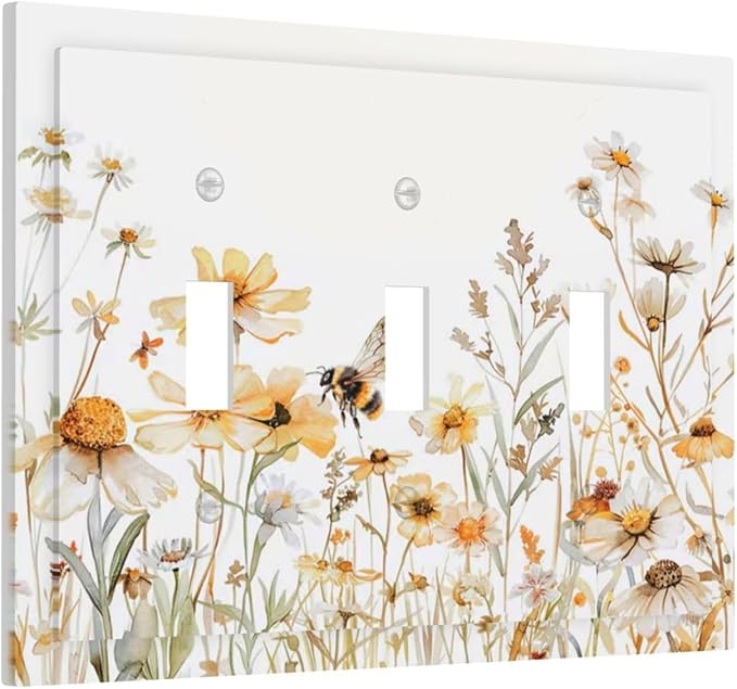 Yellow White Daisy Floral Bee Wild Flower Decorative Switch Plates 3 Gang Wall Plate Triple Toggle Light Switch Cover Faceplate Electrical Wall Panels for Bedroom Living Room Decor
