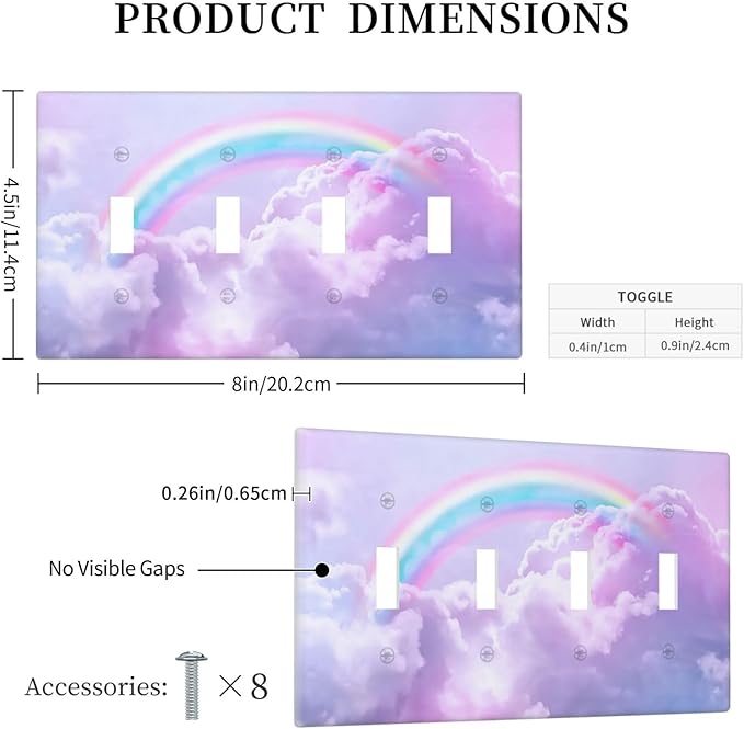 Rainbow in the Clouds Quad Toggle Wall Plates Decorative Pink Art Panel 4 Gang Light Switch Cover Purple Cloud Electrical Switchplate Faceplate Cute Dimmer for Bedroom Kidroom Nursery Decor