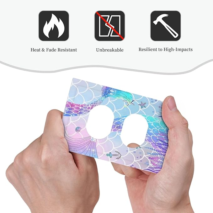 1 Gang Single Duplex Receptacle Outlet Cover Colorful Kid Girls Purple Pink Mermaid Tail Scales Starfish Electrical Wall Plate One Gang Dual Device Light Switch Faceplate Socket Plug Cover No Glitter