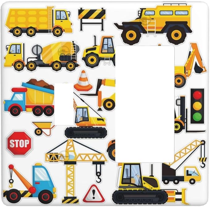 Yellow Truck Cartoon Transportation 2 Gang Single Toggle Rocker Combination Light Switch Cover Decorative Wall Plate Cover Electrical Faceplate for Kidroom Bathroom Bedroom Kitchen Decorate