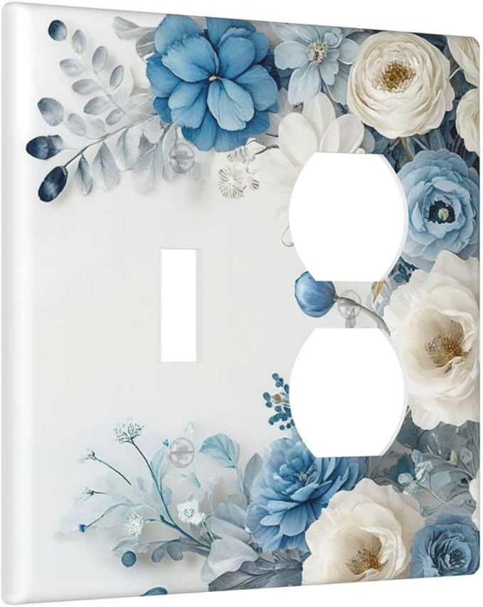Decorative Outlet Covers Blue Rose White Flowers Rustic Floral 2 Gang Wall Plate Cover Single Toggle Duplex Combo Two Switch Light Switch Cover Plate Dual Electrical Face Plate