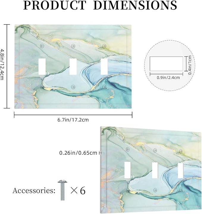 Decorative Switch Plates Teal Gold Marbling Turquoise 3 Gang Wall Plate Triple Toggle Light Switch Cover Faceplate Electrical Wall Panels for Bathroom living Room Decor