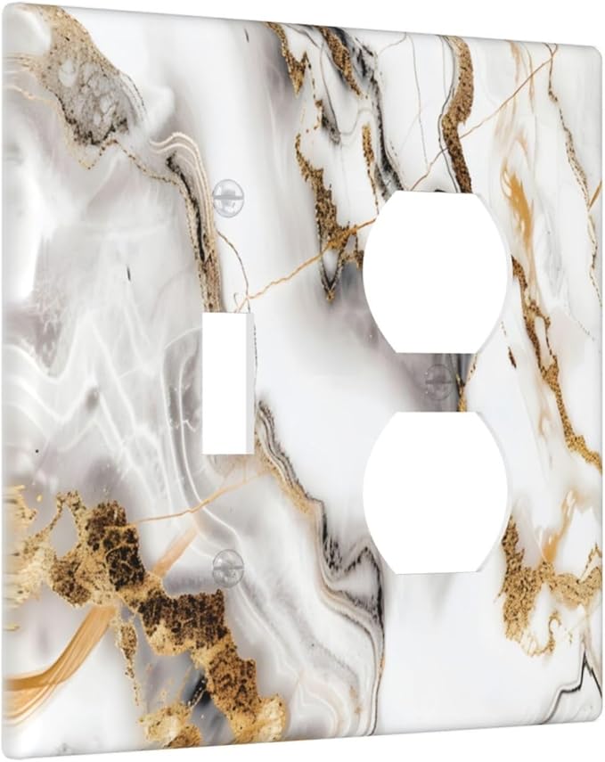 Luxurious Marble Abstract White Gold Tile Modern Simplicity Wallplates 1 Toggle 1 Duplex Switch Plate Electrical GFCI Faceplate Decorative Light Switch Covers for Bathroom Kitchen Decor