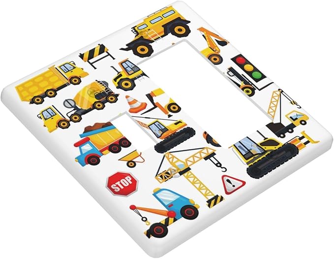 2-Gang 1-Toggle 1-Decorator/GFCI Device Combination Wall Plate Construction Trucks Cartoon Engineering Transportation Car Excavator Tractor Transport Combo Rocker Receptacle Switchplate Outlet Cover