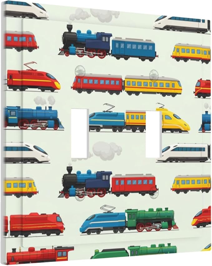 Vintage & Modern Trains Double Toggle Switch Cover - 2-Gang Standard US Size Colorful Locomotive Light Switch Covers, Retro Steam & High-Speed for Boys Room