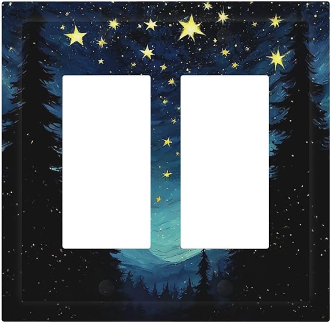Decorative Outlet Covers Blue Starry Sky Forest Painted Star Pine Tree Oil Painting 2 Gang Double GFCI Rocker Electrical Wall Panels Light Switch Cover Plate for Bedroom Cabin Decor