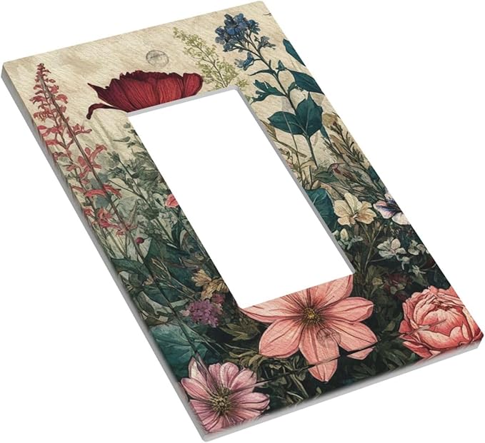 Decorative Outlet Covers Rustic Wildflower Red Floral Green Plant 1 Gang Single Decora GFCI Device Light Switch Covers Plate 1 Rocker Wall Plate Jumbo Face Plate for Switch Decor