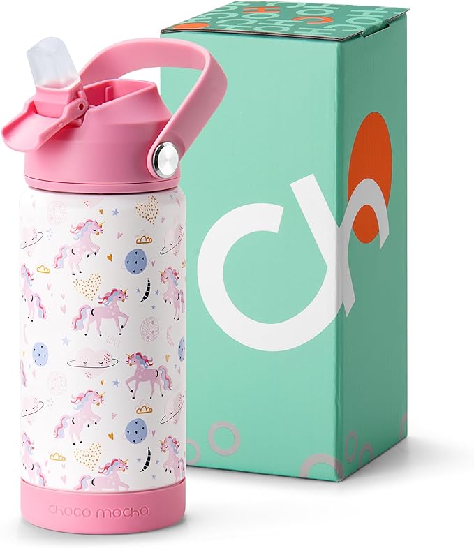 Choco Mocha Kids Unicorn Water Bottle For School, Girls Insulated Water Bottle Stainless Steel, 14Oz Pink & White