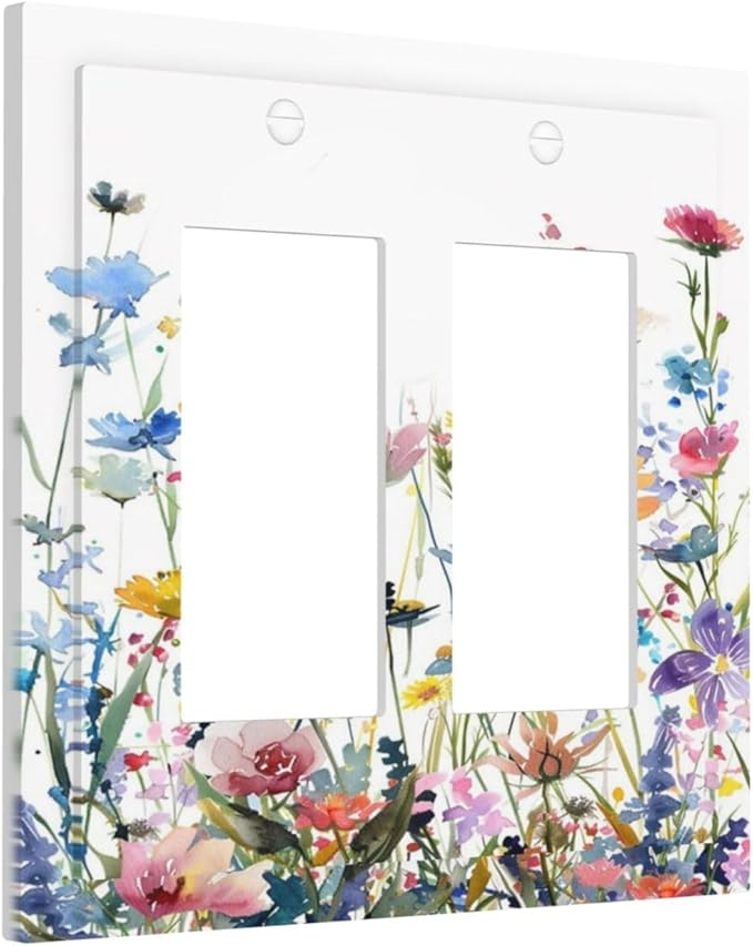 Watercolor Wildflowers Colorful Floral Plant Decorative Outlet Covers 2 Gang Double GFCI Rocker Electrical Wall Panels Light Switch Cover Plate for Bedroom Living Room Decor