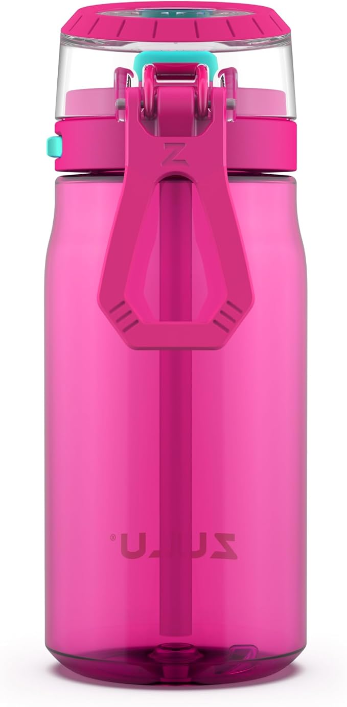 Zulu Kids Flex 16oz Tritan Plastic Water Bottle with Silicone Spout, Leak-Proof Locking Flip Lid and Soft Touch Carry Loop for School Backpack, Lunchbox, and Outdoor Sports, Pink