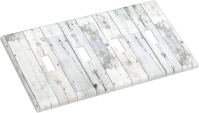 Grey White Wood 4 Gang Light Switch Cover Decorative Quad Toggle Wall Plate Decorative Electrical Faceplate for Kitchen Home Barn Farmhouse Decorate Large 8" x 4.5