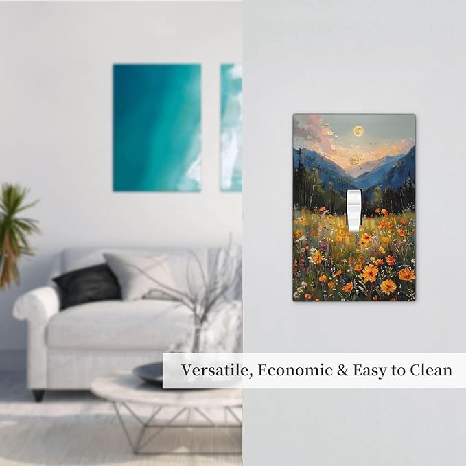 Sunset Wild Flower Field Floral Nature Landscape Decorative Light Switch Cover 1 Gang Single Toggle Device Electrical Faceplate Switchplates Decorator Outlet Wall Plate for Farmhouse Bedroom Decor