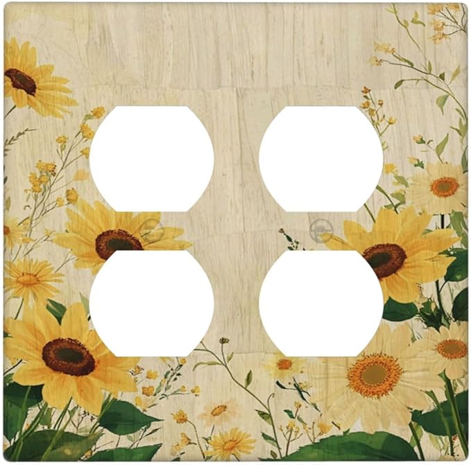 Decorative Outlet Covers with Vintage Botanical Sunflower Field Design 2 Gang Wall Plate Double Duplex Receptacle Light Switch Cover Switch Plate Cover for Nature Yellow Blooms Wall Decor