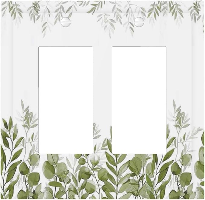 Green Eucalyptus Plant Leaves Vine Decorative Outlet Covers 2 Gang Double GFCI Rocker Electrical Wall Panels Light Switch Cover Plate for Bed Room Living Room Decor