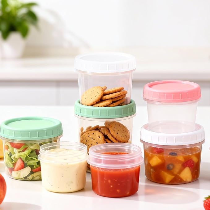 DEMORA 4 oz Small Plastic Containers with Twist on Lids [20 Sets], Stackable Little Food Storage Containers for Snack Lunch Meal Prep Salad Dressings, Freezer/Microwave/Dishwasher Safe, BPA Free