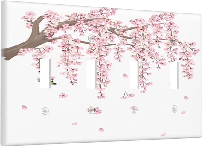 Pink Flower Tree Branch Cherry Blossom Tree Floral Birds Light Switch Covers Quad Toggle Electrical Faceplate 4 Gang Wall Plate Decorative Switch Plates Cover for Bedroom Living Room Decor