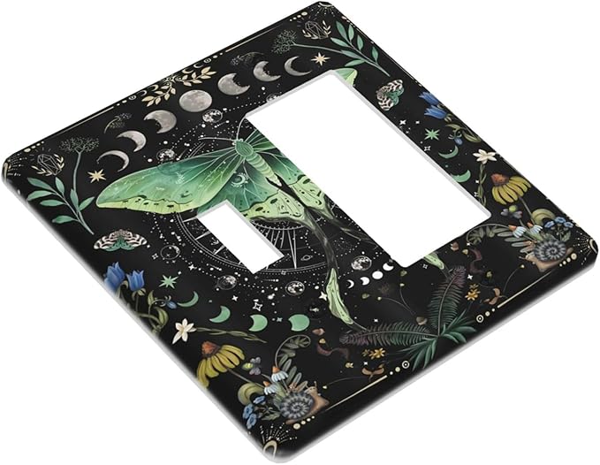Moon Phase Butterfly Wildflower Plant Mysterious Night Moonlit Outlet Covers 1 Toggle 1 Rocker Combination Decorative Wall Plate Electrical Switch Plates Light Switch Cover Plate for Bedroom
