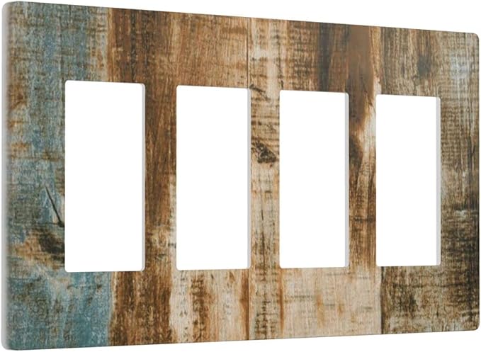 Brown Wood 4 Gang Quad Rocker/Decor Light Switch Cover Plate Decorative Electrical Faceplate for Bathroom Room Decorate Jumbo Size Screwless 8.3" x 4.6