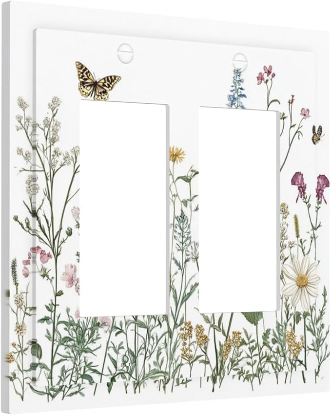 Decorative Outlet Covers Rustic Wildflowers Butterfly Colorful Floral 2 Gang Double Gfci Rocker Electrical Wall Panels Light Switch Cover Plate For Bed Room Living Room Decor
