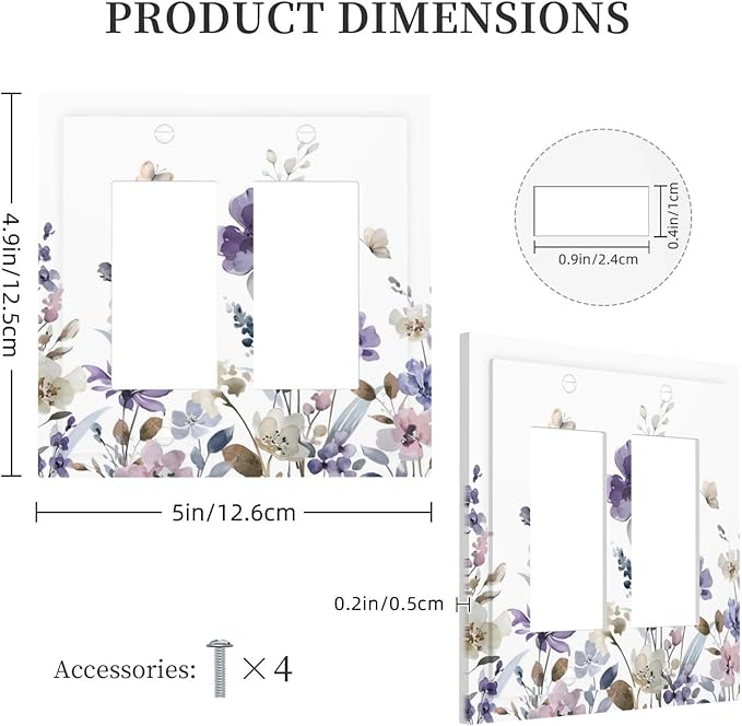 Purple Watercolor Flower Floral Butterfly Decorative Outlet Covers 2 Gang Double GFCI Rocker Electrical Wall Panels Light Switch Cover Plate for Bedroom Living Room Decor