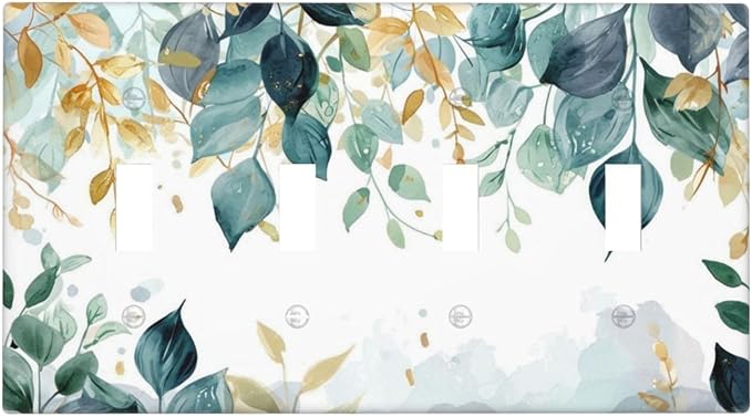 Boho Goldgreen Leaf Botanical Eucalyptus Leaves Light Switch Covers Quad Toggle Electrical Faceplate 4 Gang Wall Plate Decorative Switch Plates for Bedroom Living Room Decor