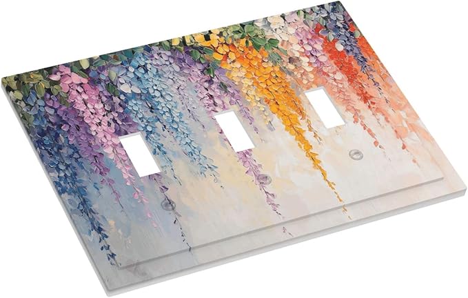 Colorful Wildflower Wisteria Cascade Floral Flower Decorative Switch Plates 3 Gang Wall Plate Triple Toggle Light Switch Cover Faceplate Electrical Wall Panels for Bedroom Living Room Decor
