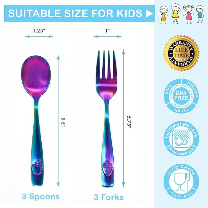 Stainless Steel Kids Silverware Set 24 Pieces (2 Pack of 12) - Child and Toddler Safe Flatware - Kids Utensil Set - Metal Kids Cutlery Set (Includes 12 Small Kids Spoons & Kids 12 Forks, UV Rainbow)