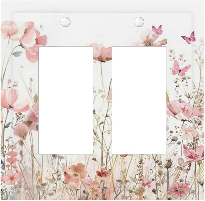 Boho Floral Watercolor Pink Wildflower Butterfly Decorative Outlet Covers 2 Gang Double GFCI Rocker Electrical Wall Panels Light Switch Cover Plate for Bedroom Living Room Decor