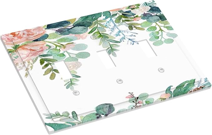 Green Eucalyptus Leaves Floral Watercolor Flower Decorative Switch Plates 3 Gang Wall Plate Triple Toggle Light Switch Cover Faceplate Electrical Wall Panels for Bed Room Living Room Decor