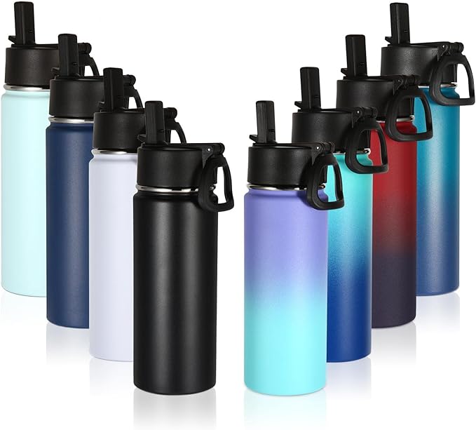 Volhoply 18oz Insulated Water Bottle Bulk 8 Pack,Kids Stainless Steel Water Bottles with Straw Lid,Wide Mouth Reusable Metal Cups,Double Wall Vacuum Sports Flask For Cold Drink(Eight Color,8 Set)