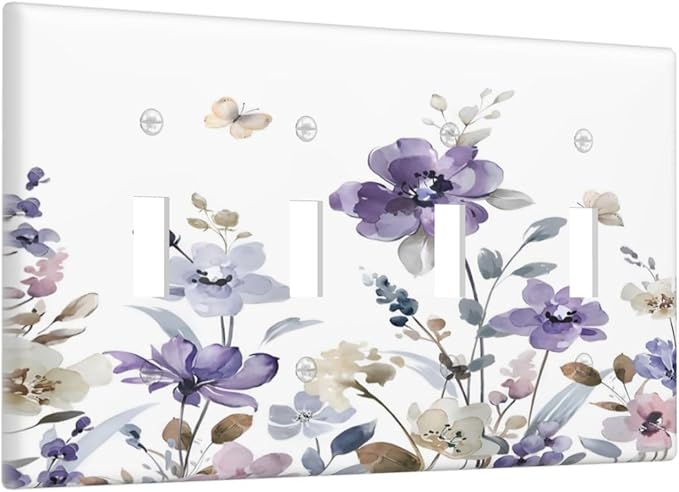 Purple Watercolor Flower Floral Butterfly Light Switch Covers Quad Toggle Electrical Faceplate 4 Gang Wall Plate Decorative Switch Plates Cover for Bedroom Living Room Decor